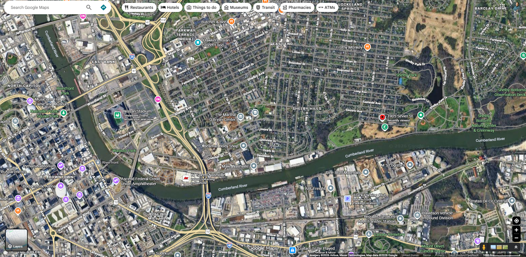 Map showing 1905 Sevier near Shelby Bottoms, Shelby Golf Course, Cumberland River, Nissan Stadium, Broadway, and Downtown Nashville