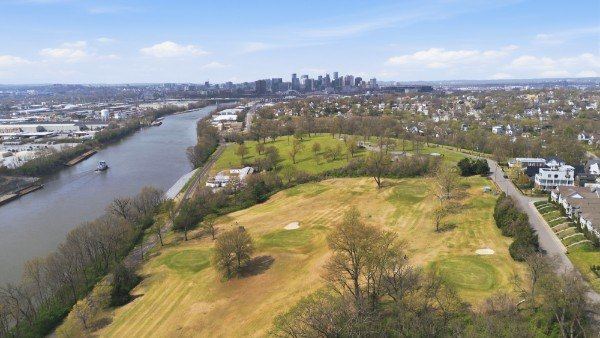 Aerial view toward downtown Nashville and parkland